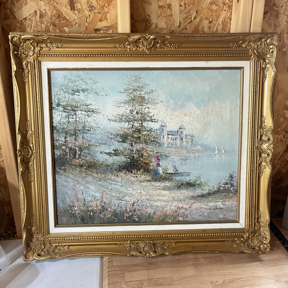 Vintage S. Wilson Impasto Oil Painting Gold Ornate Frame Castle Lake Landscape